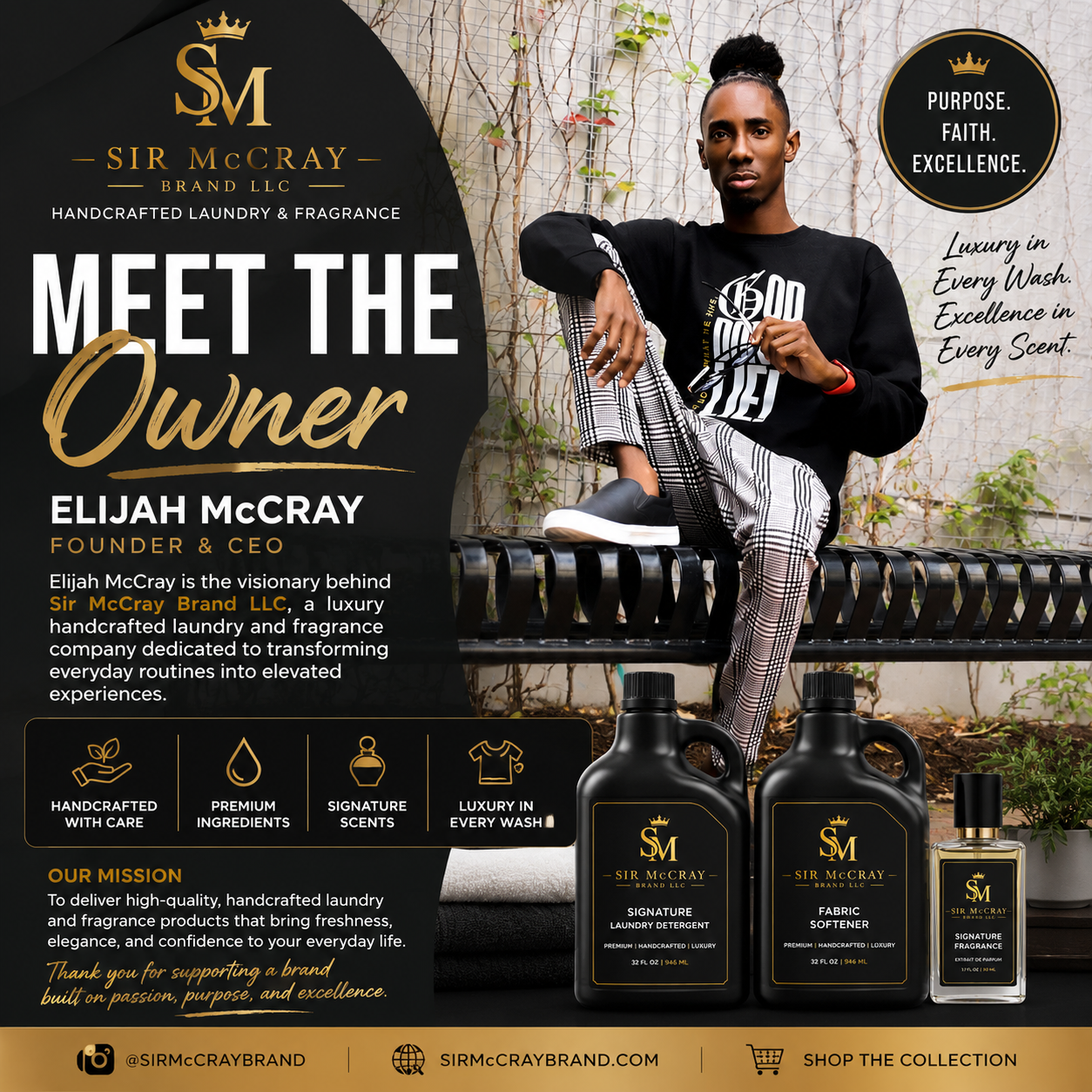 Founder Elijah McCray with Sir McCray laundry products